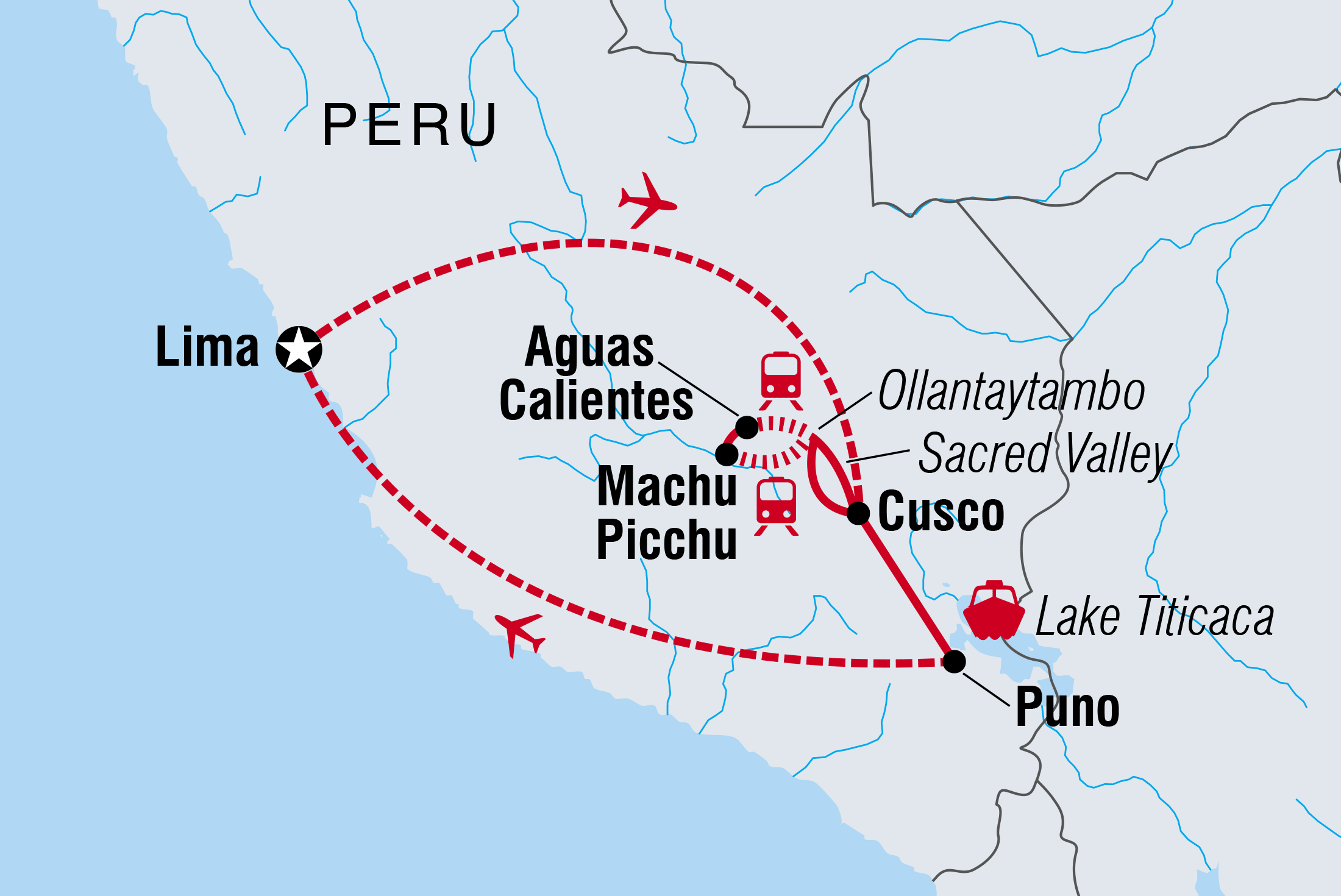 A map showing the route for a peruvian itinerary.