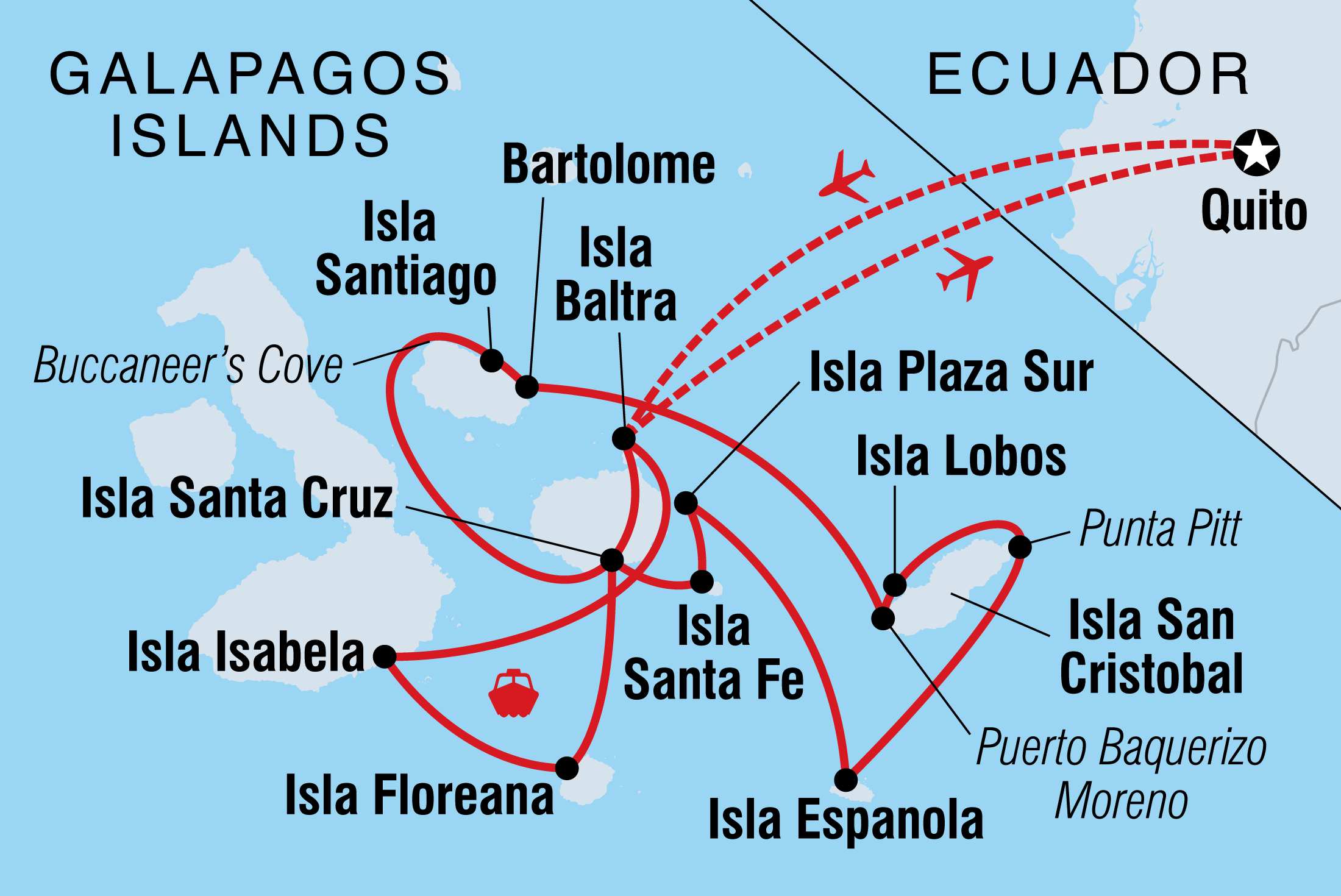Treasures of Galapagos: Western & Central Islands (Grand Queen Beatriz) Itinerary Map