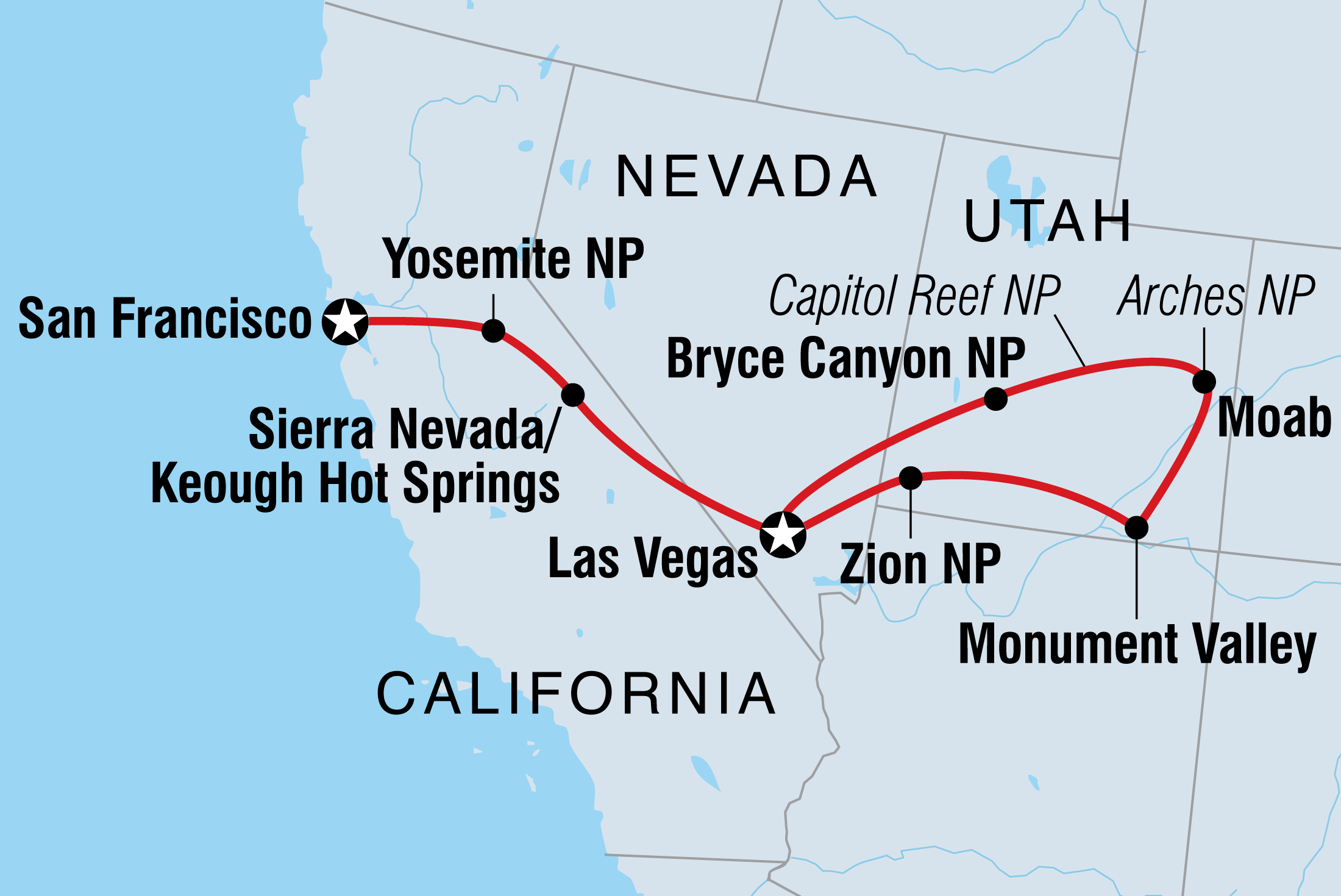 Utah, Nevada & California Itinerary Map