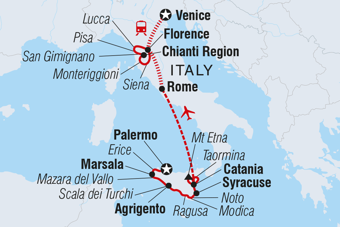 Premium Sicily and Tuscany Itinerary Map