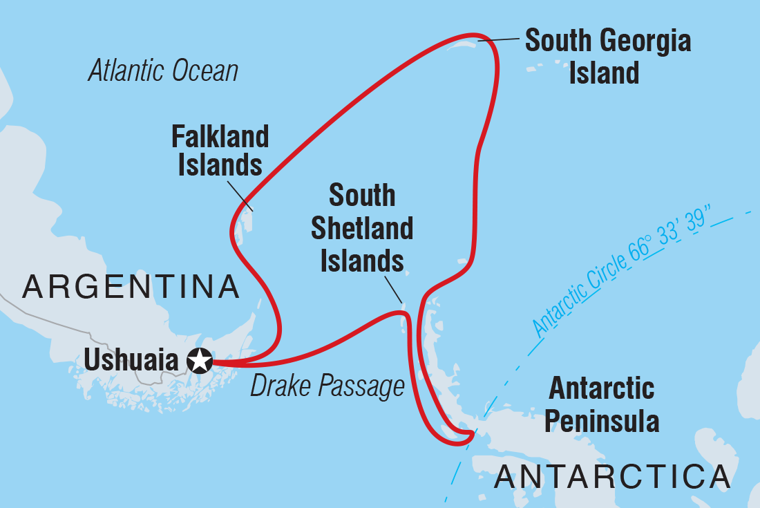 Ultimate Antarctica: Falklands, South Georgia &amp; the Antarctic Circle (Ocean Endeavour) Itinerary Map