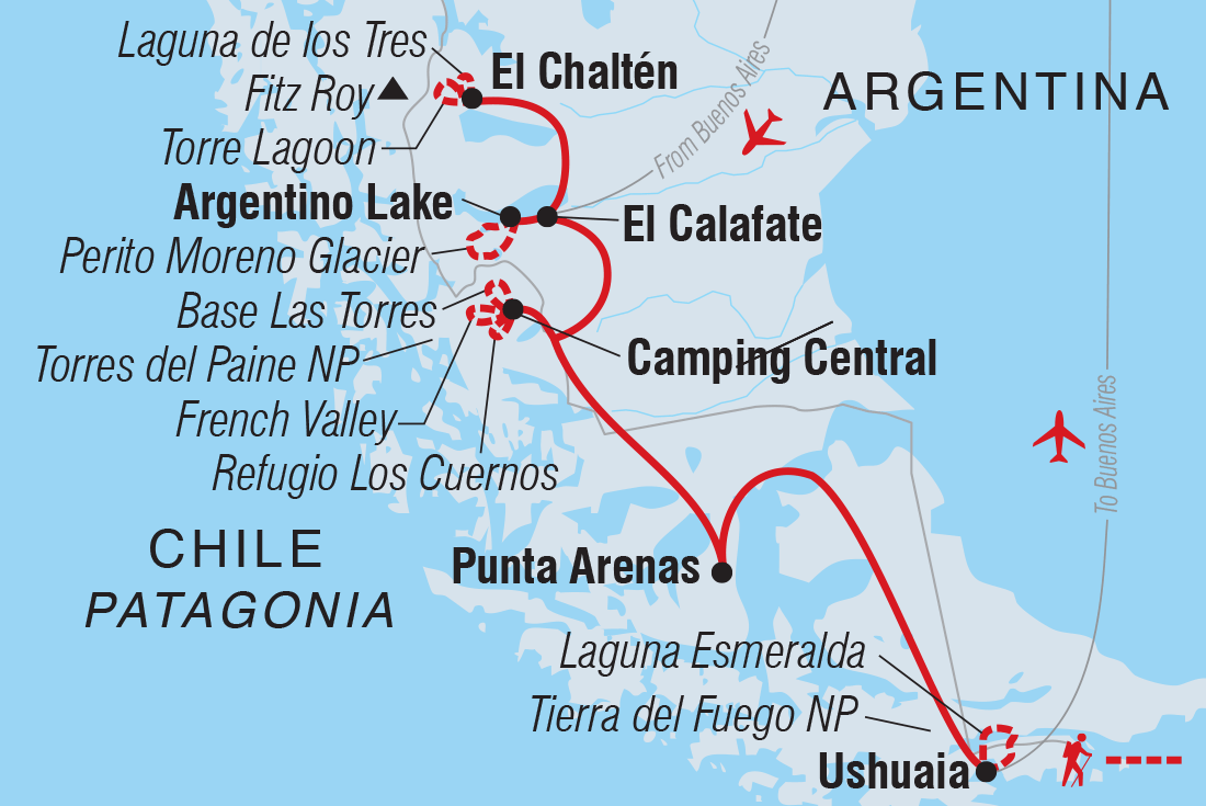 tourhub | Intrepid Travel | Classic Hikes of Patagonia | GPXU | Route Map
