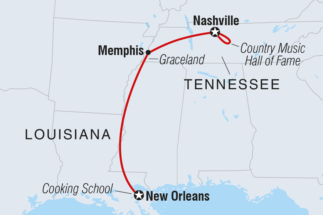 Tennessee Music Trail to New Orleans Itinerary Map