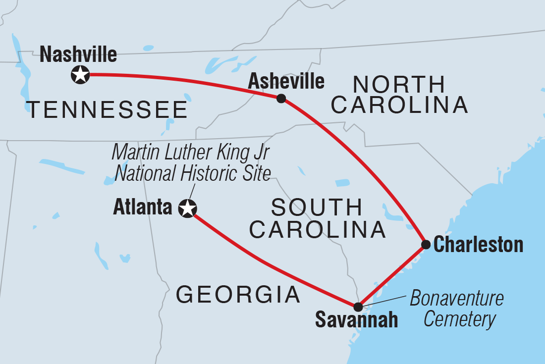 tourhub | Intrepid Travel | Georgia History Trail to Nashville		 | Tour Map