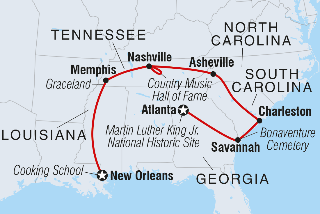 tourhub | Intrepid Travel | Best of the South: Atlanta to New Orleans | SSKYC | Route Map