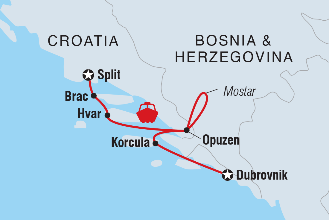 tourhub | Intrepid Travel | Croatian Coastal Cruising - Split to Dubrovnik (Aurora) | Tour Map