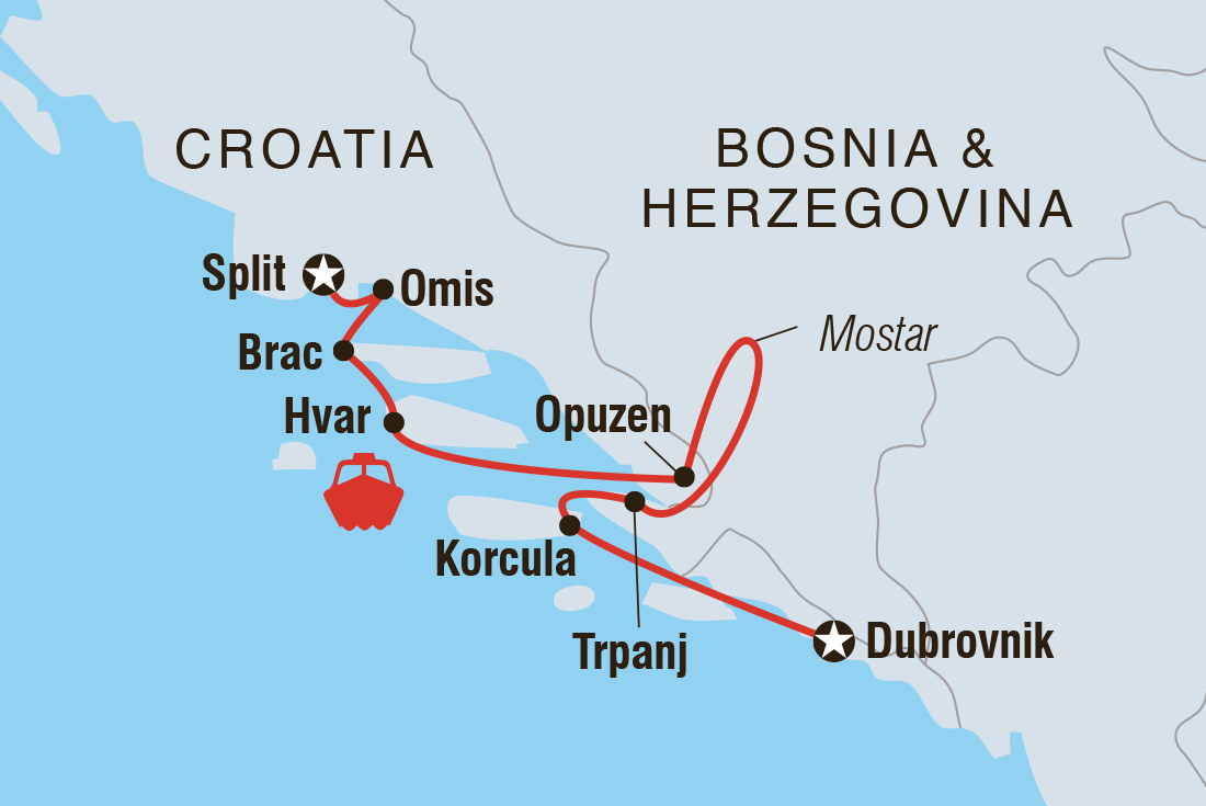 Croatian Coastal Cruising - Split to Dubrovnik (Aurora) Itinerary Map