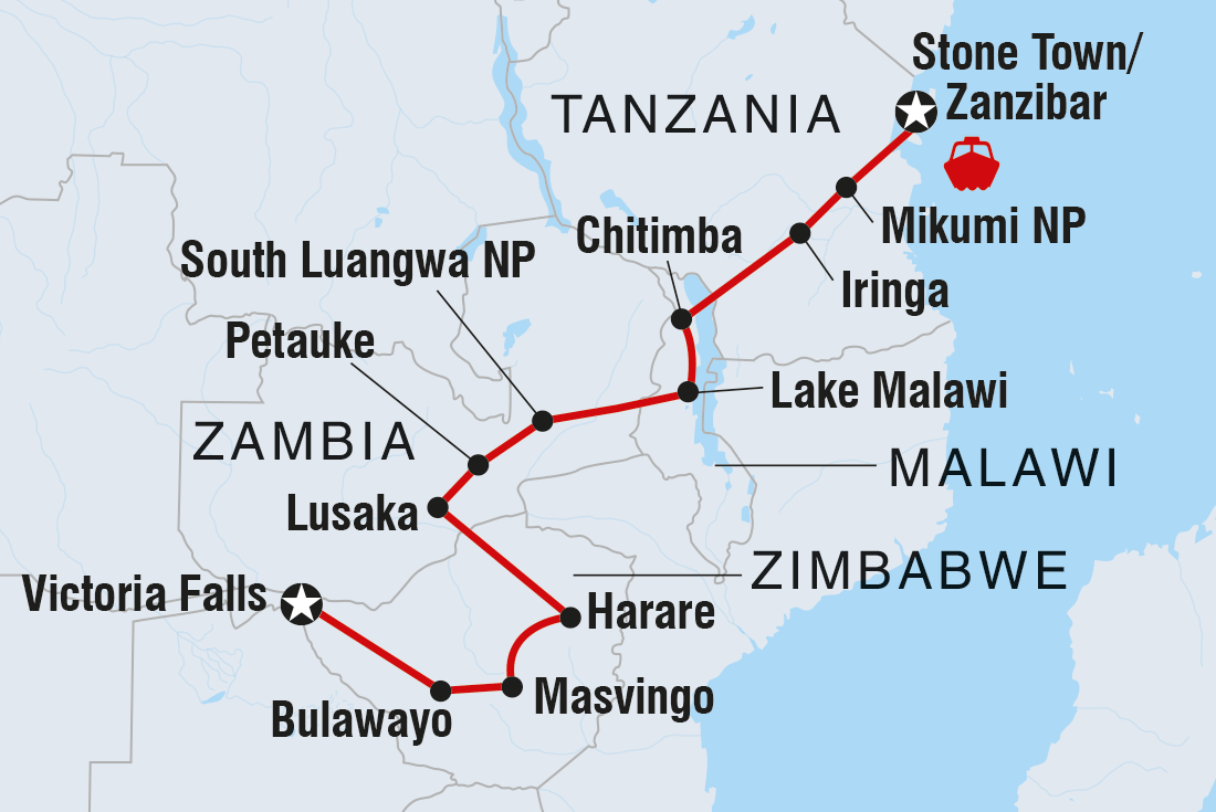 tourhub | Intrepid Travel | Zanzibar to Vic Falls | Tour Map
