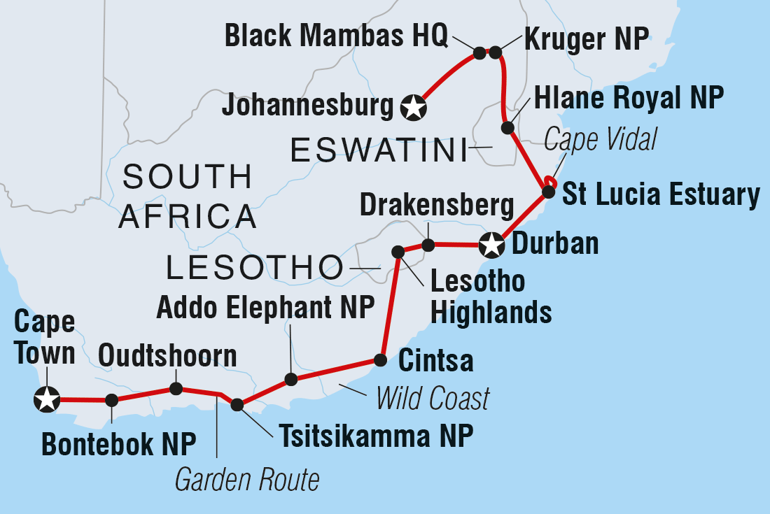 tourhub | Intrepid Travel | Kruger, Coast & Cape | Tour Map