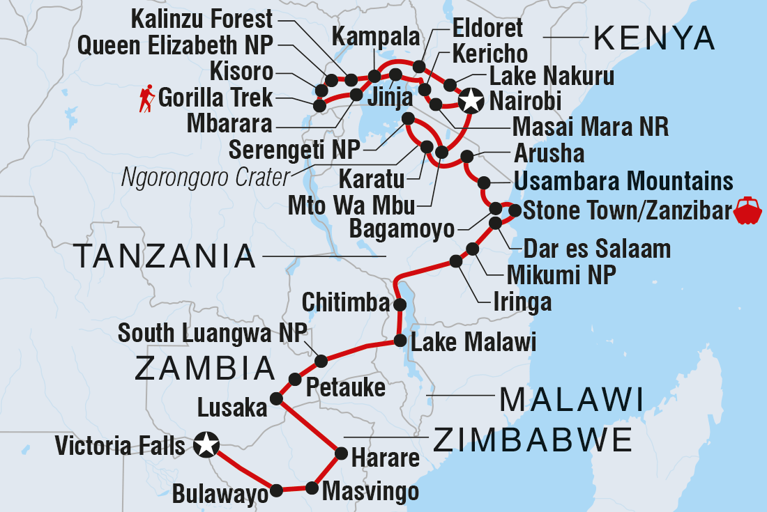 tourhub | Intrepid Travel | Vic Falls to Gorillas | Tour Map