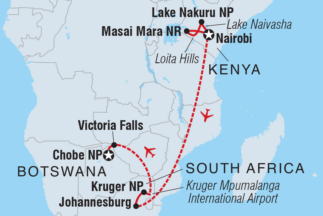 tourhub | Intrepid Travel | Premium Kenya & Southern Africa Highlights | Tour Map
