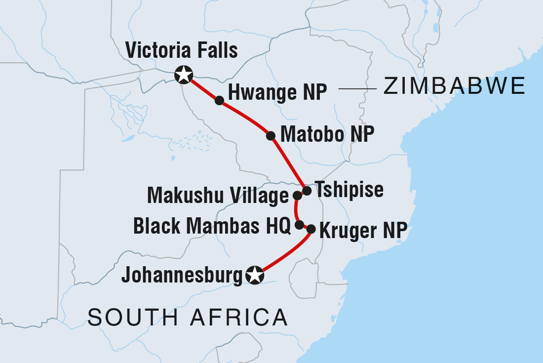 tourhub | Intrepid Travel | Vic Falls to Kruger | Tour Map