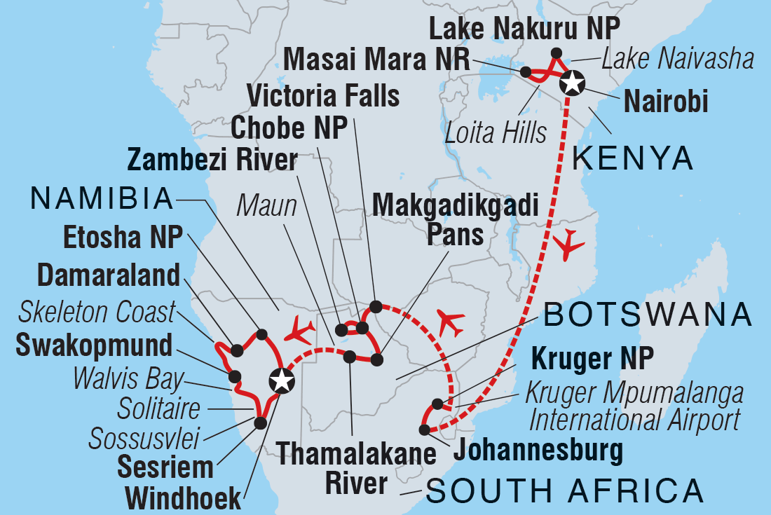 tourhub | Intrepid Travel | Premium Kenya & Southern Africa In Depth | Tour Map