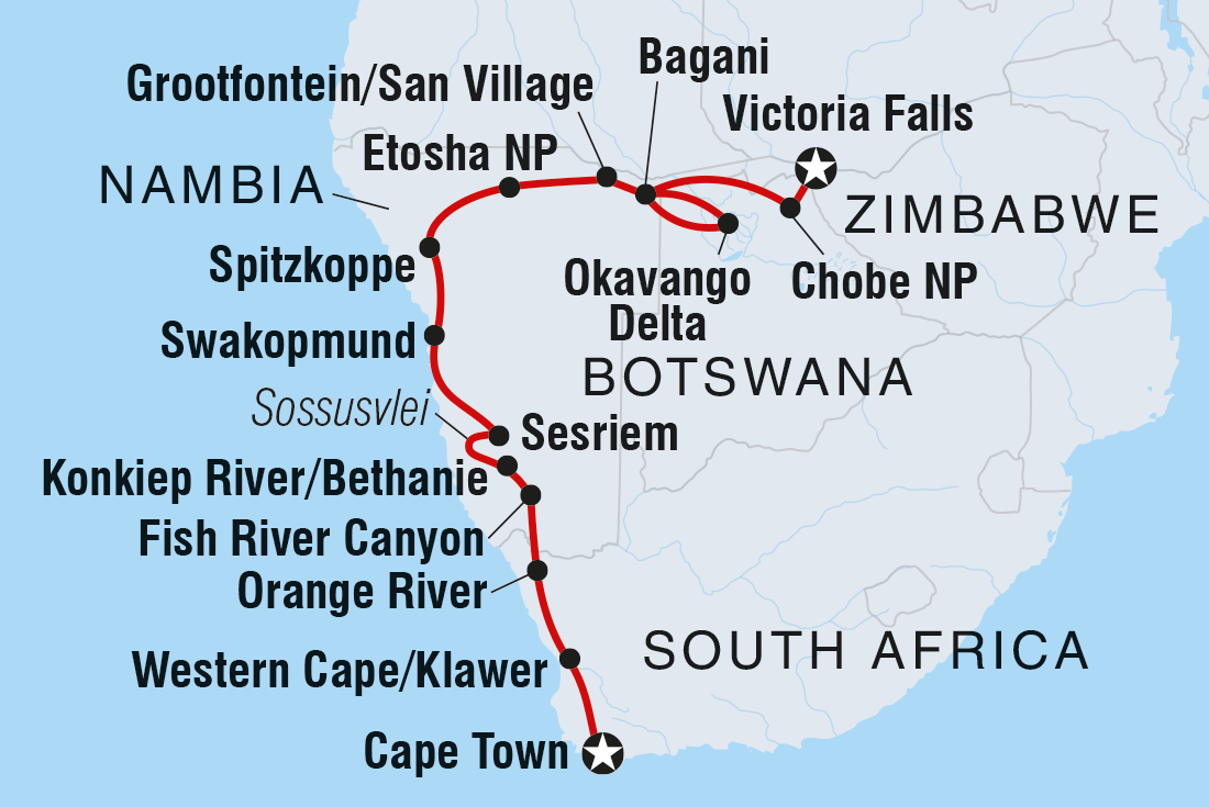 tourhub | Intrepid Travel | Vic Falls to Cape Town | Tour Map