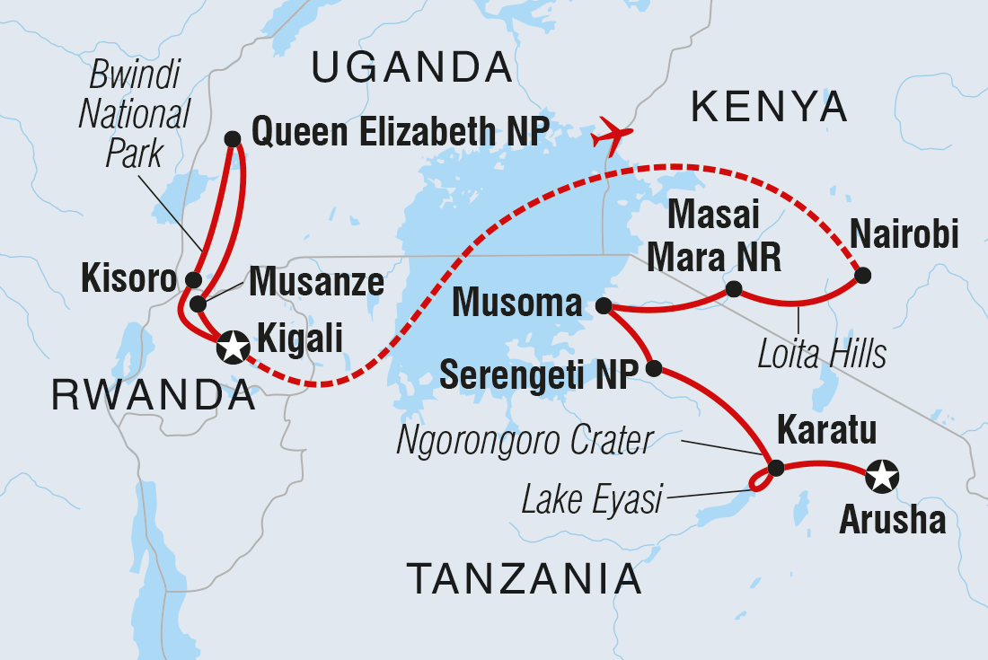 tourhub | Intrepid Travel | Gorillas & East Africa Safari | Tour Map