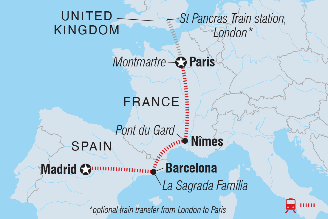 Paris to Madrid by Rail Itinerary Map