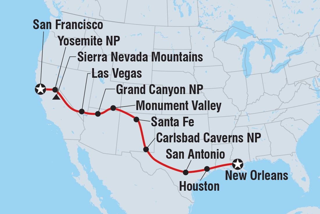 Real New Orleans to San Fran Itinerary Map