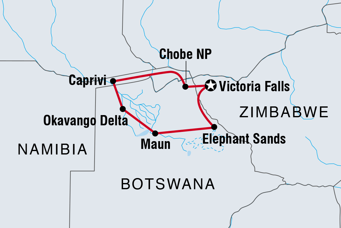 tourhub | Intrepid Travel | Botswana Highlights | UBSZ | Route Map