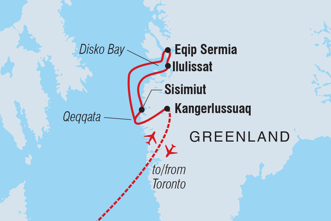 West Greenland Ice Odyssey: Glaciers and Icebergs Itinerary Map