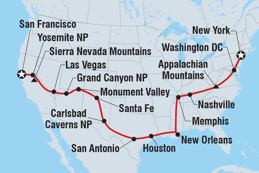 Epic New York to San Fran Road Trip Itinerary Map