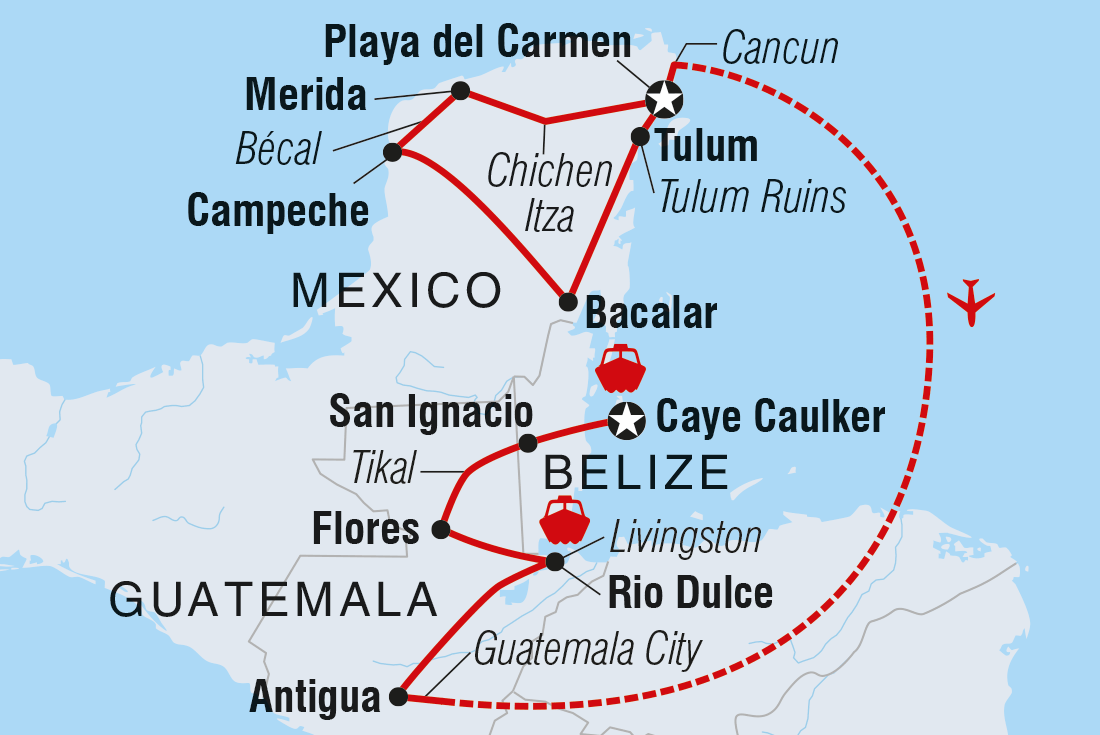 tourhub | Intrepid Travel | Yucatan, Guatemala and Belize Adventure | Tour Map
