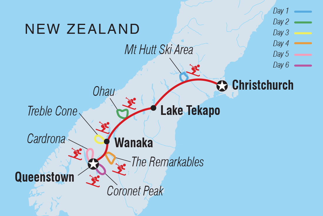 tourhub | Intrepid Travel | Ski New Zealand: 8 Day South Island Snow Safari (Christchurch to Queenstown) | Tour Map