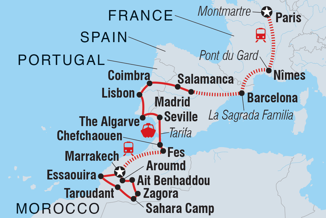 France, Spain, Portugal & Morocco Itinerary Map