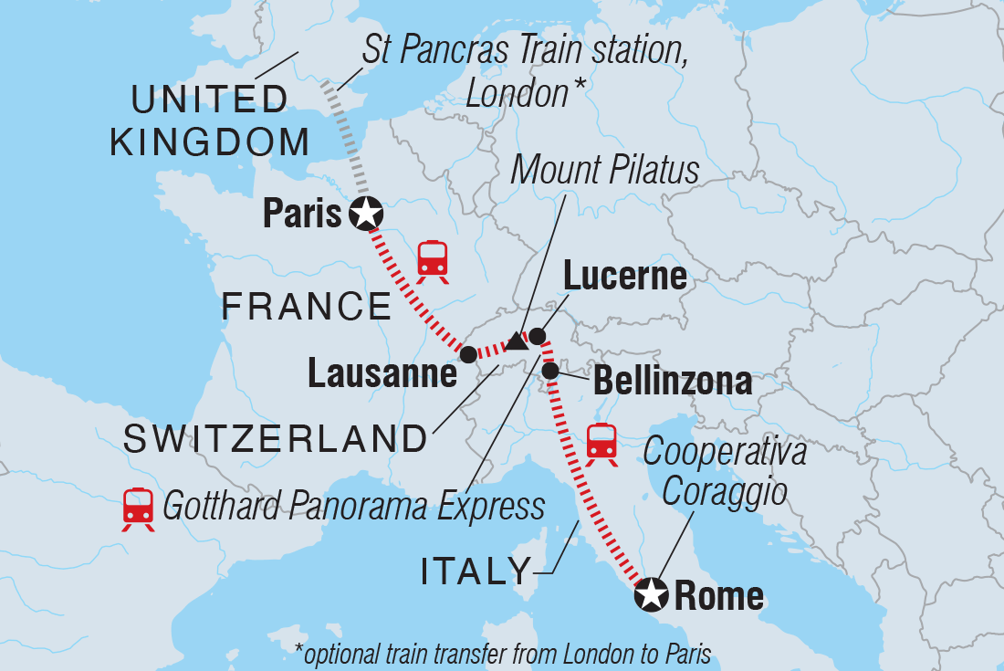 Paris to Rome by Rail Itinerary Map
