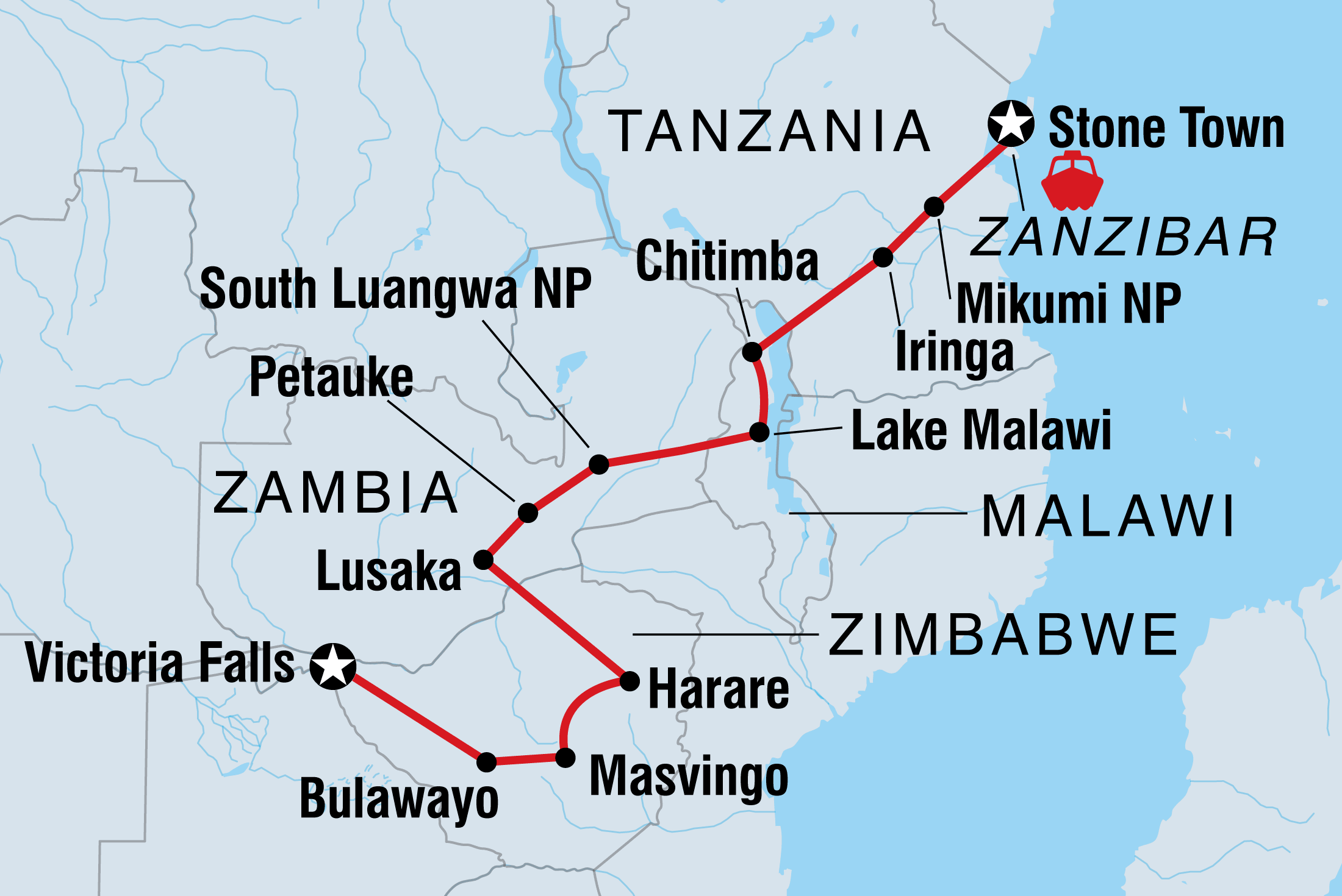 Stone Town to Vic Falls Itinerary Map