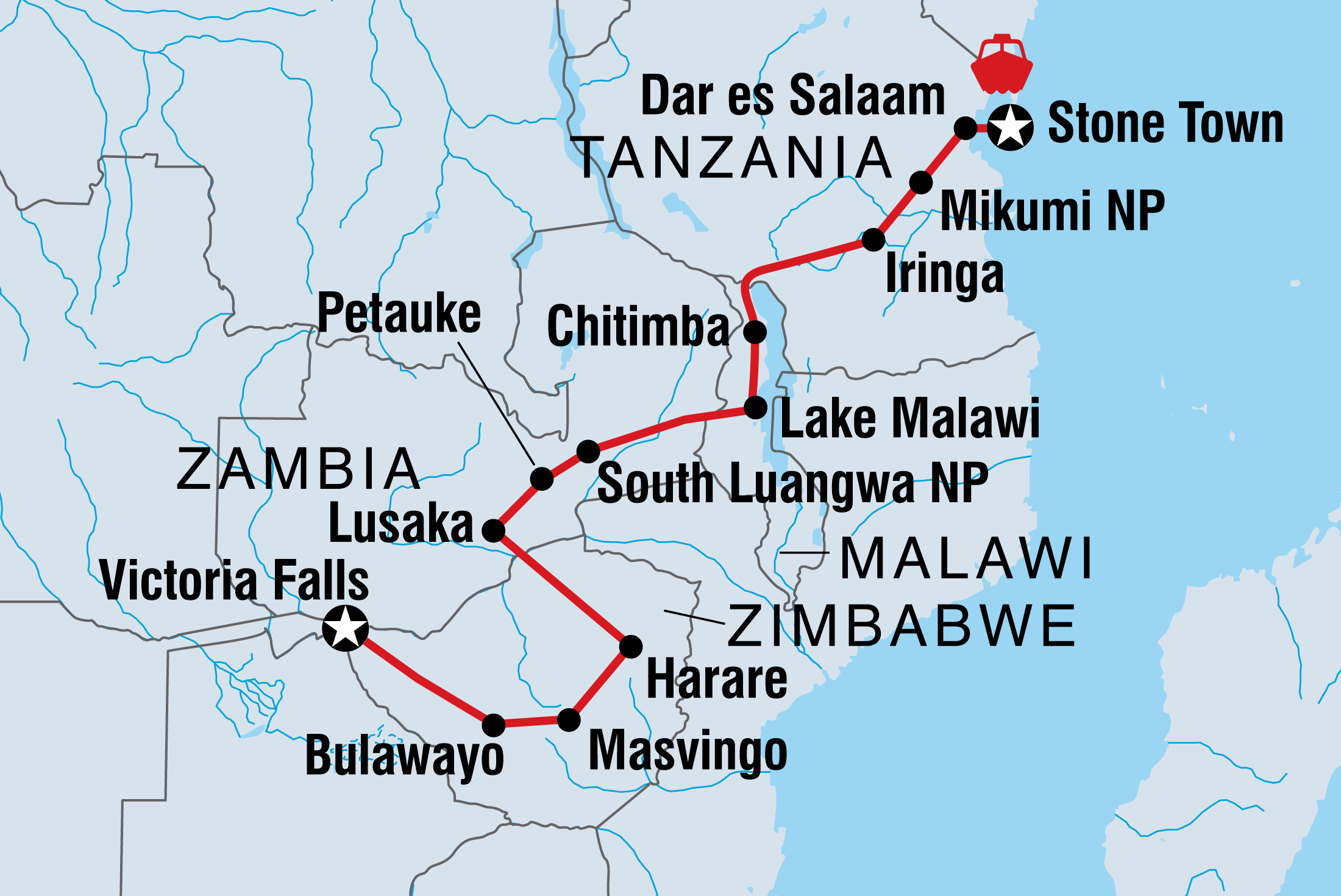 Vic Falls to Stone Town Itinerary Map