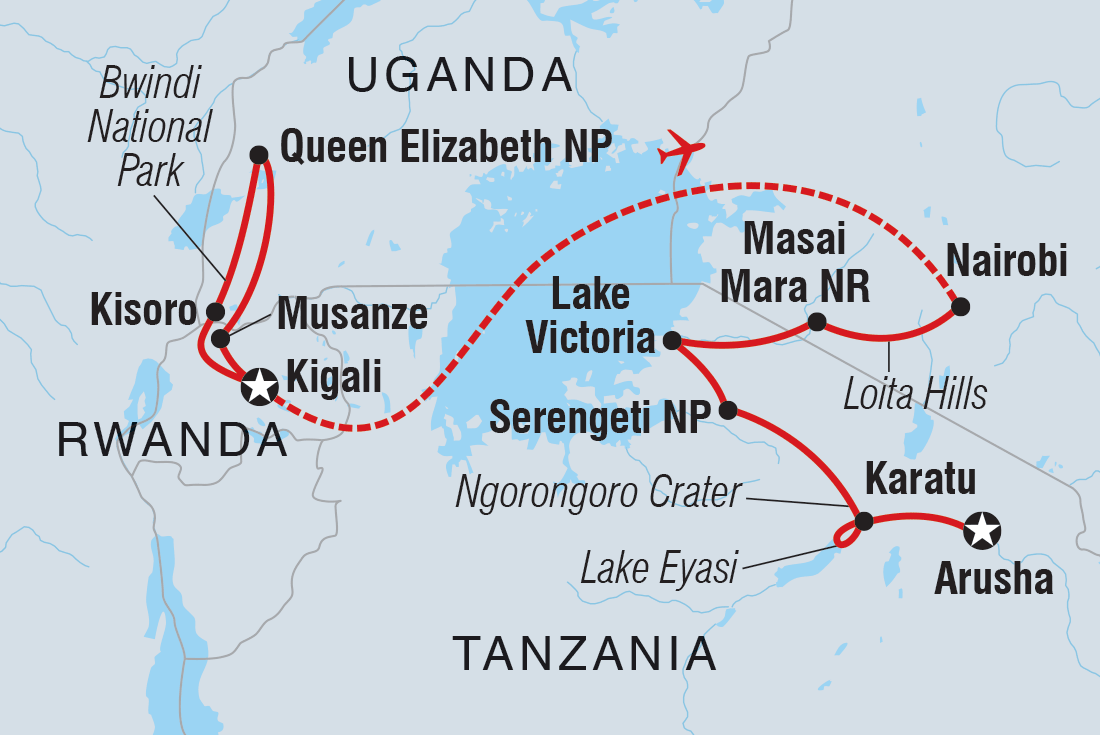 Gorillas & East Africa Safari Itinerary Map