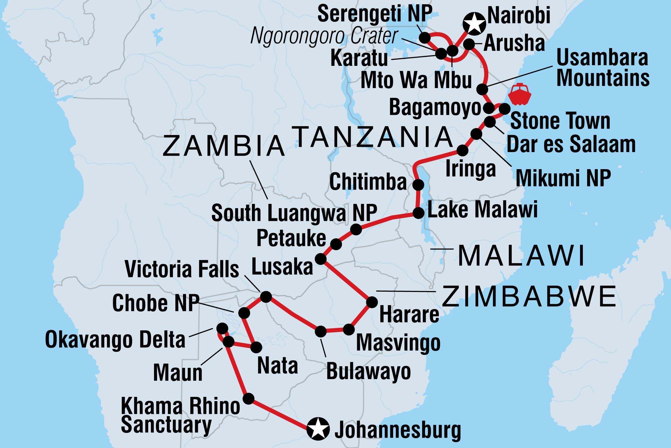 Johannesburg to Kenya Itinerary Map