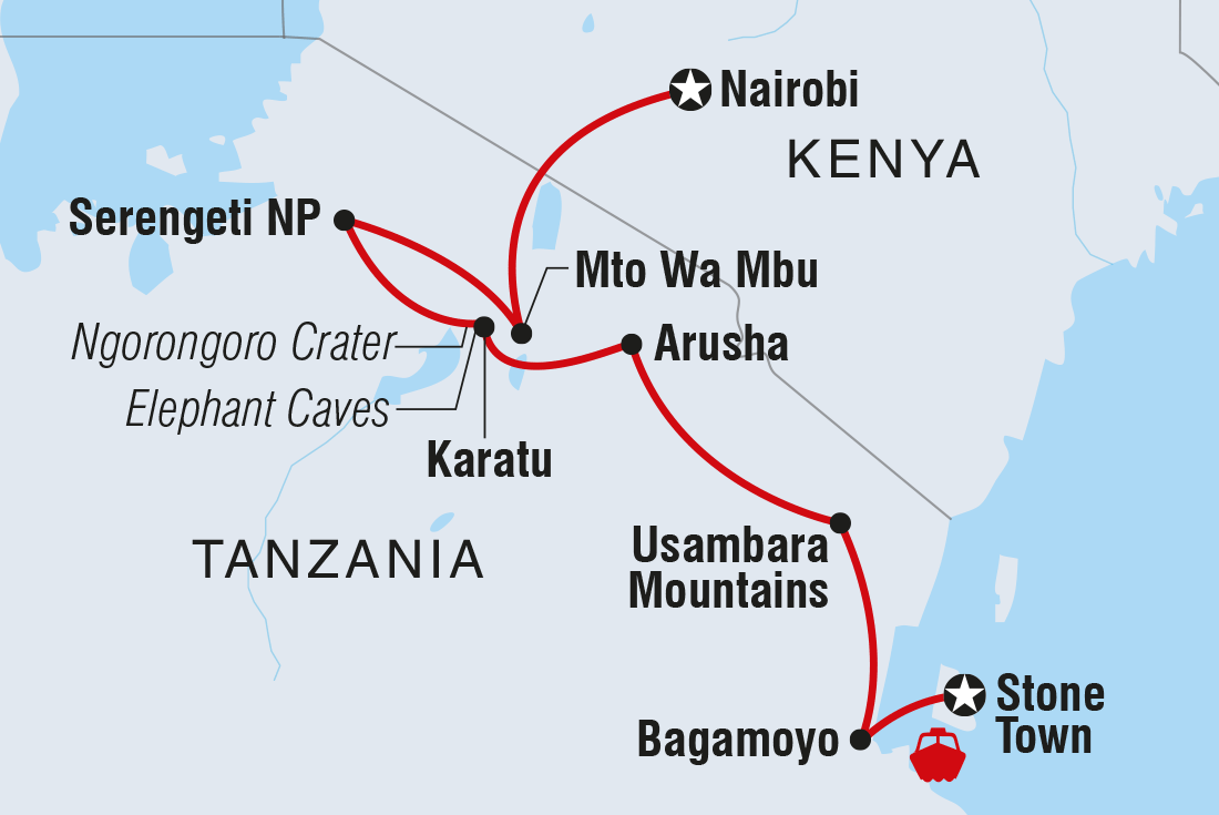 Stone Town to Nairobi Itinerary Map