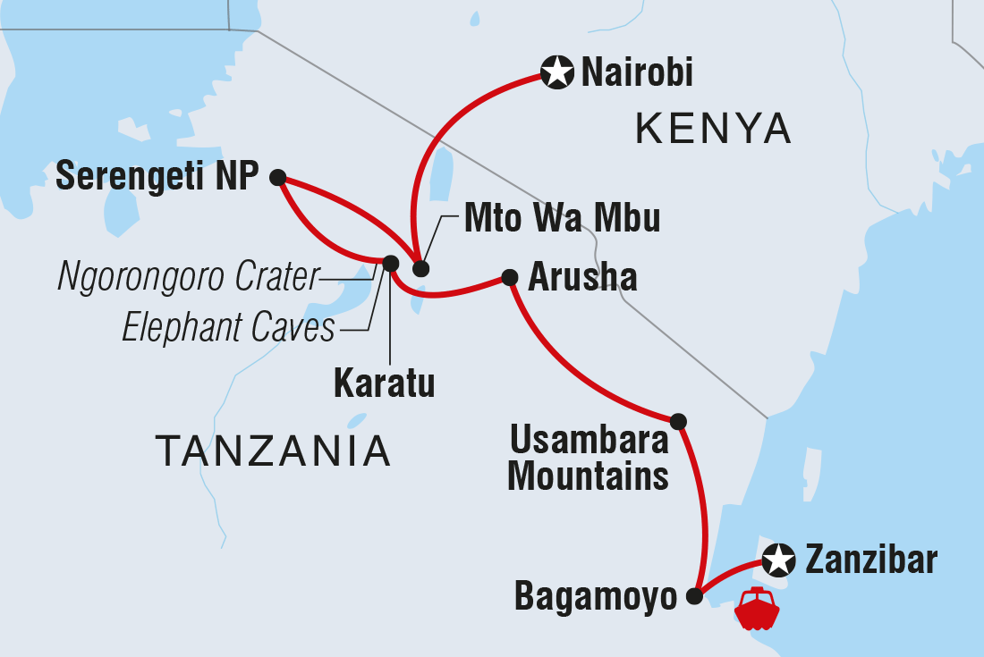 Zanzibar to Nairobi Itinerary Map