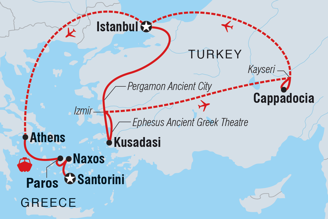 Premium Turkey & The Cyclades Islands Itinerary Map