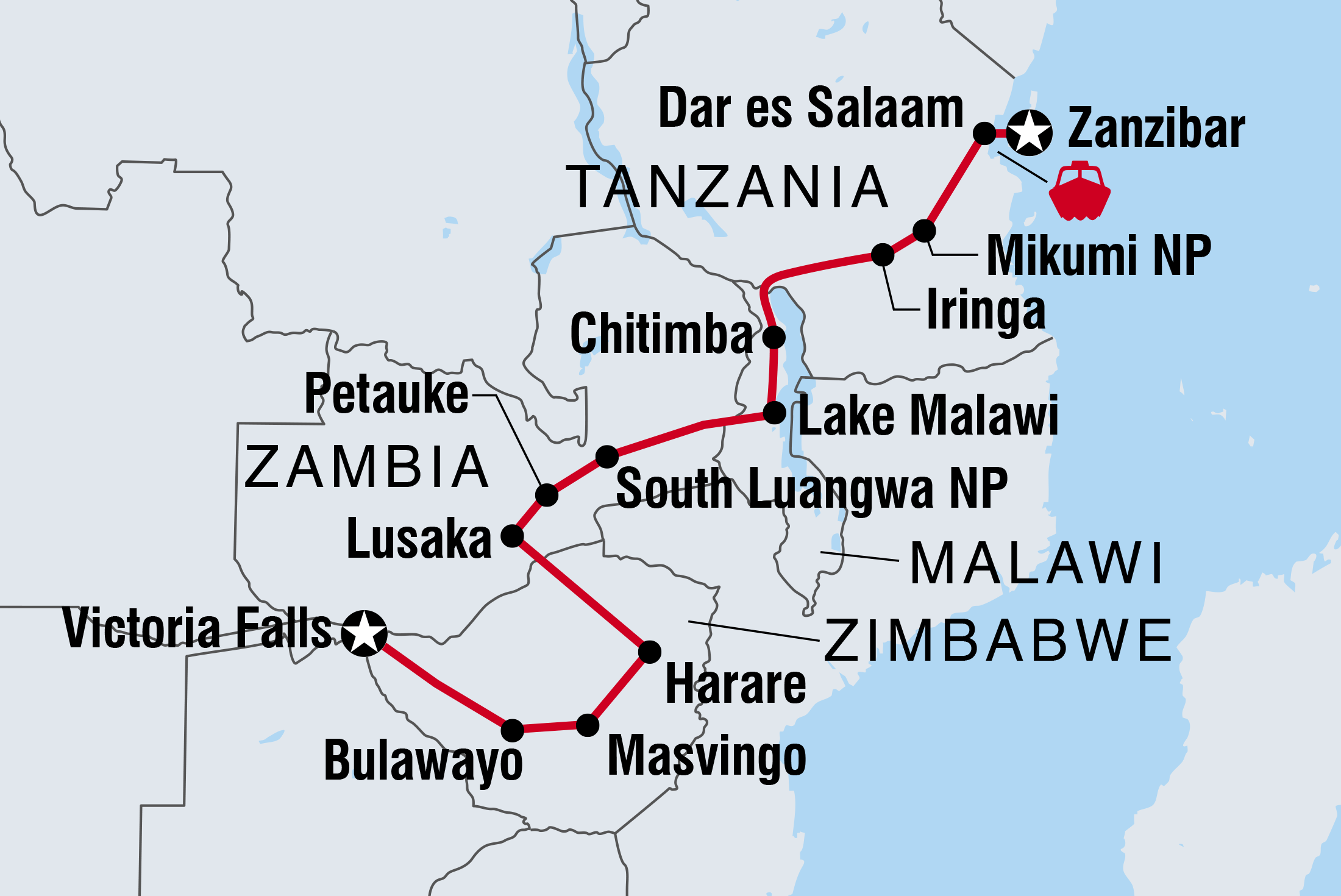 Vic Falls to Zanzibar Itinerary Map