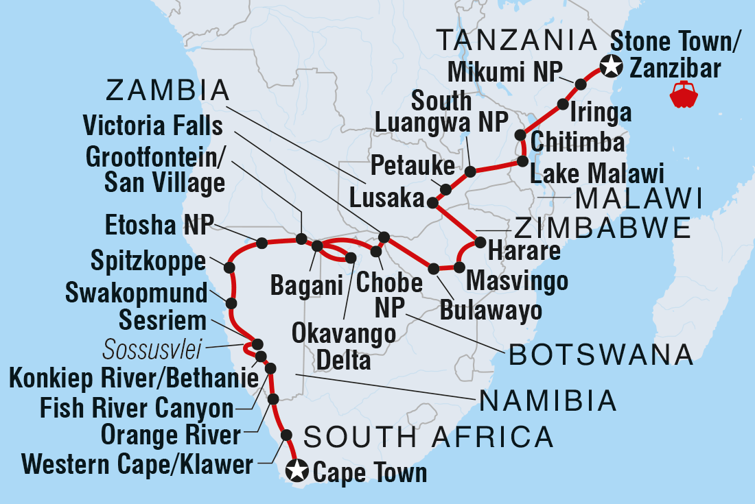 Zanzibar to Cape Town Itinerary Map