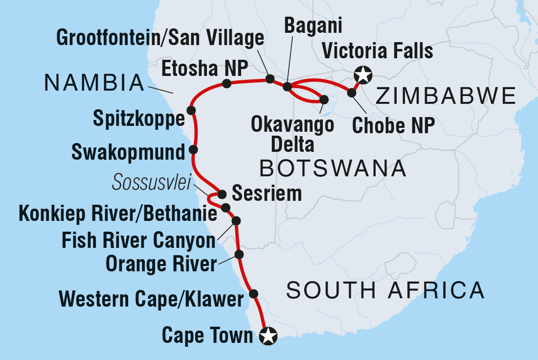 Vic Falls to Cape Town Itinerary Map