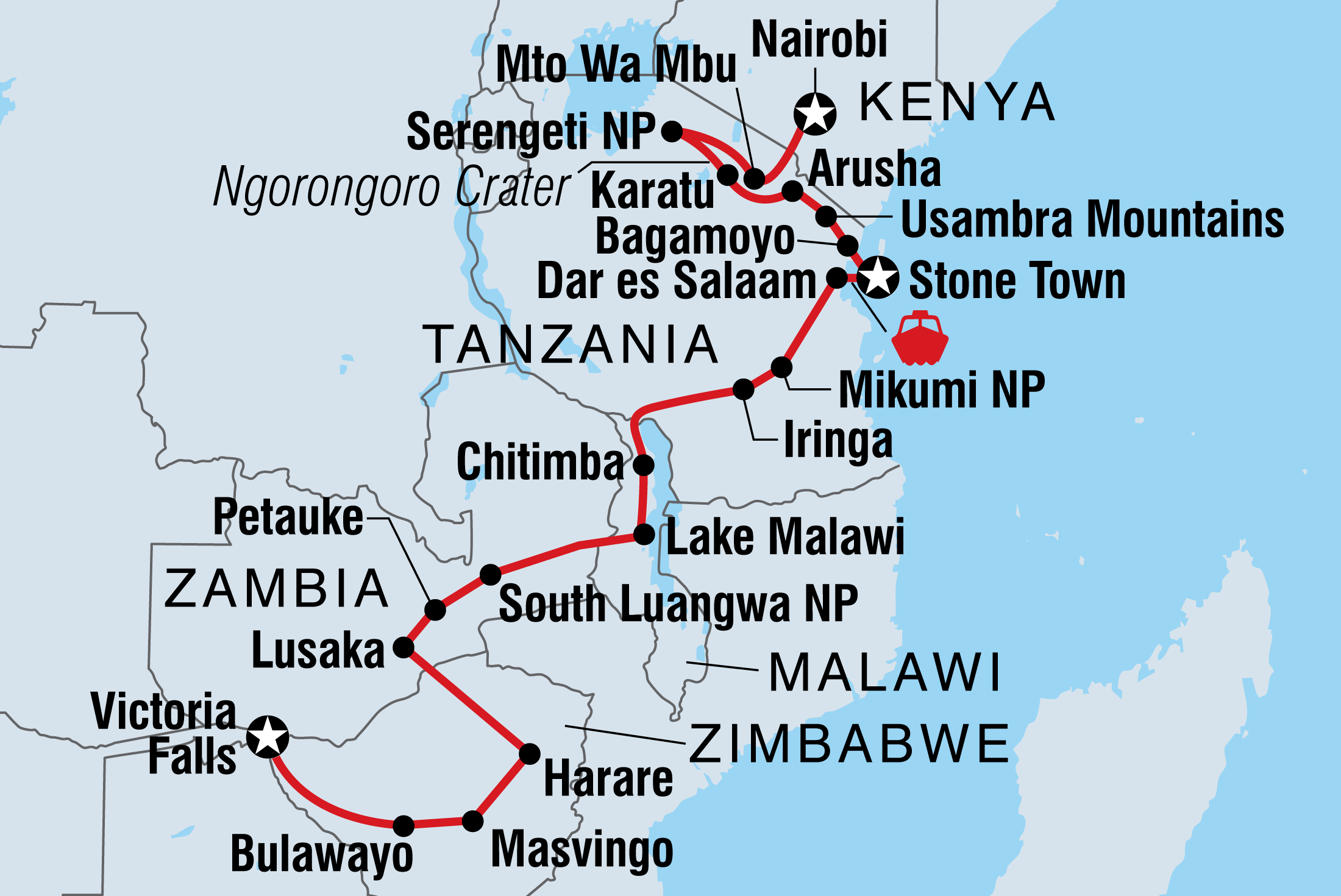 Vic Falls to Kenya Itinerary Map