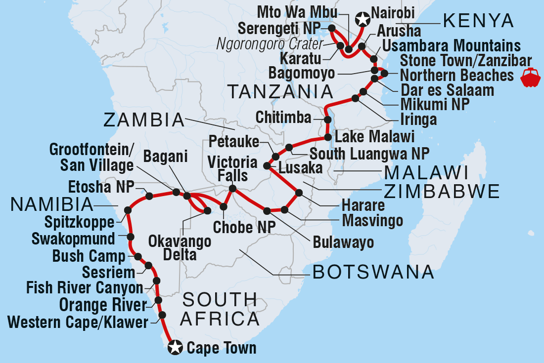 Cape Town to Kenya Itinerary Map