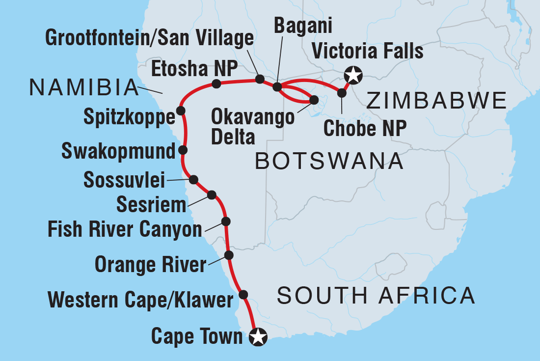 Cape Town to Vic Falls Itinerary Map