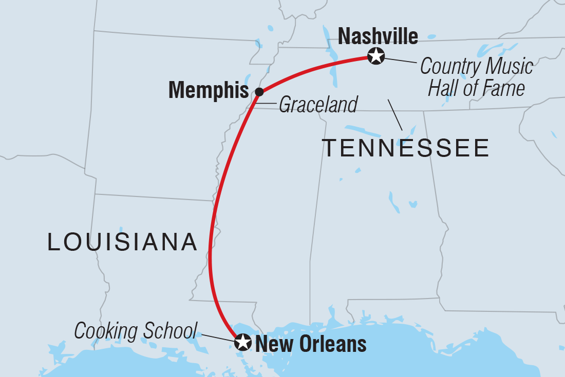 Tennessee Music Trail to New Orleans Itinerary Map