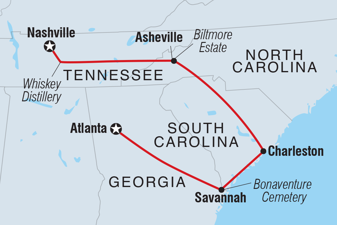 tourhub | Intrepid Travel | Georgia History Trail to Nashville		 | Tour Map