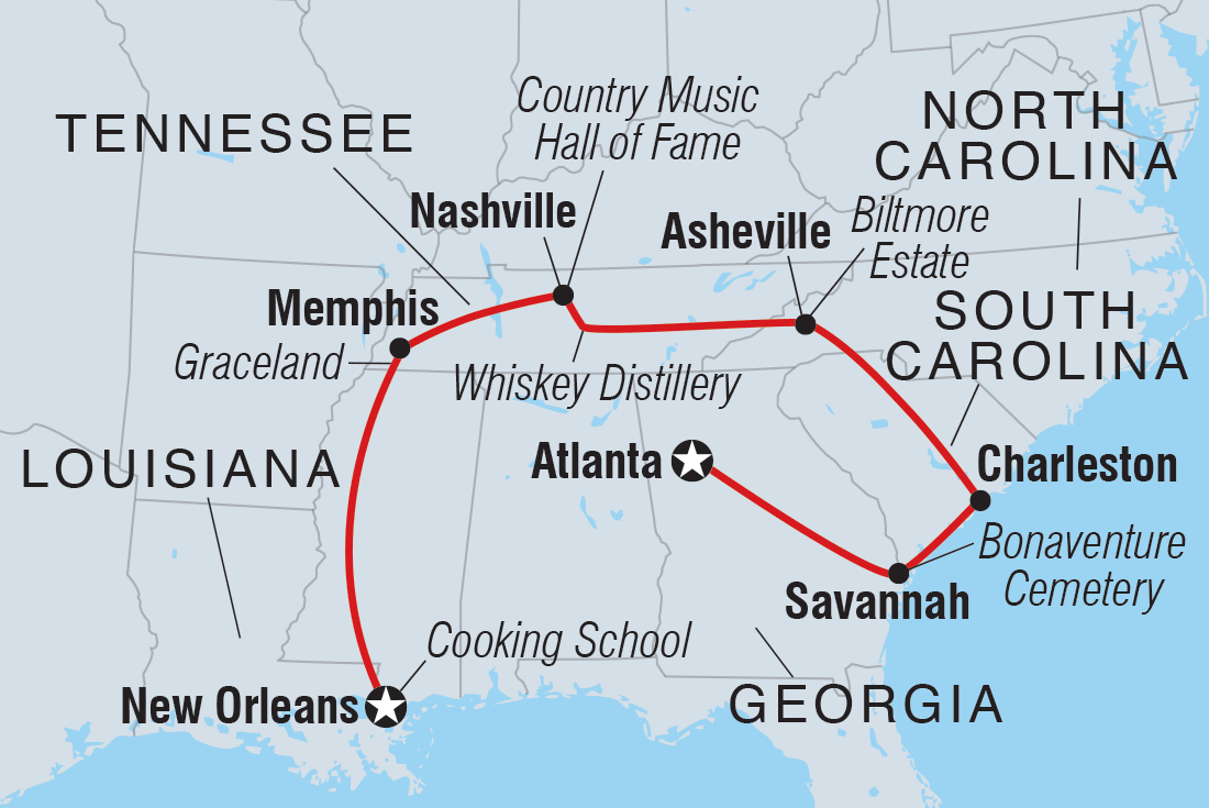 tourhub | Intrepid Travel | Best of the South: Atlanta to New Orleans  | Tour Map