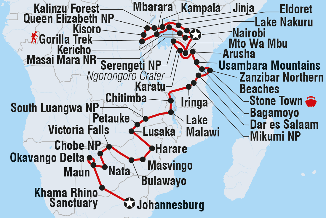 Johannesburg to Gorillas Itinerary Map