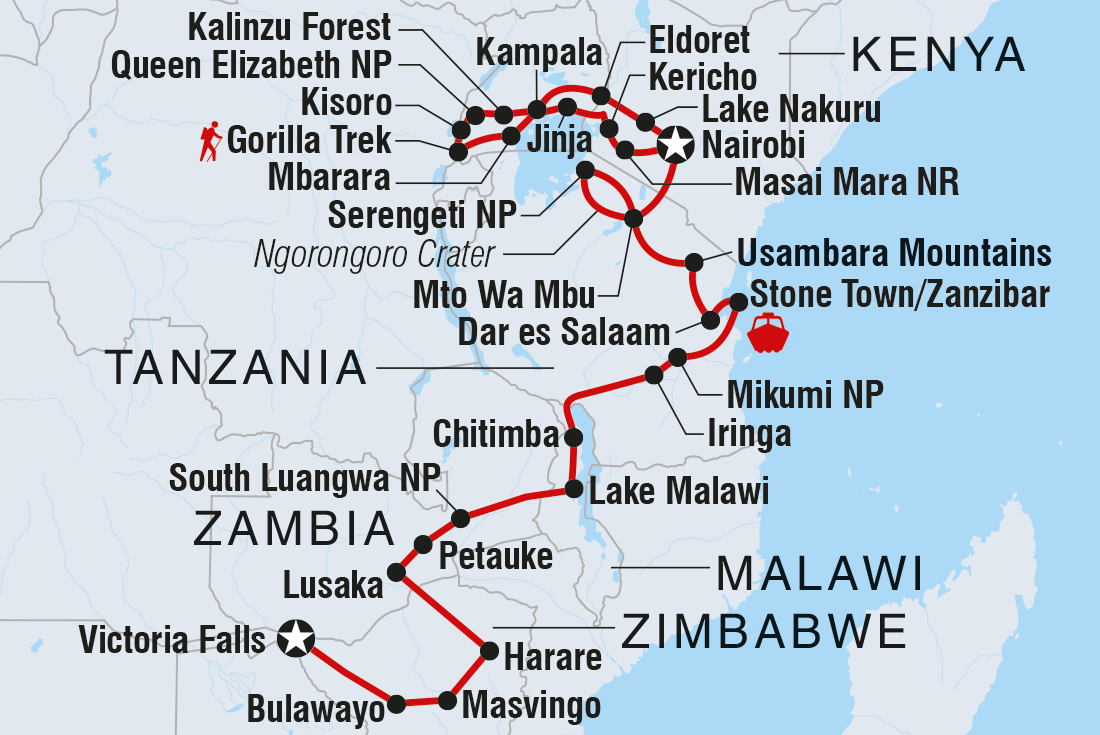 Gorillas to Vic Falls Itinerary Map