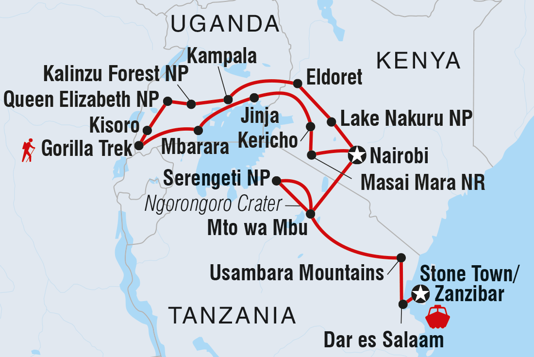 Gorillas, Game Parks & Beaches Itinerary Map