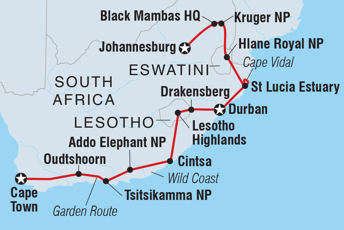 Kruger, Coast & Cape Itinerary Map