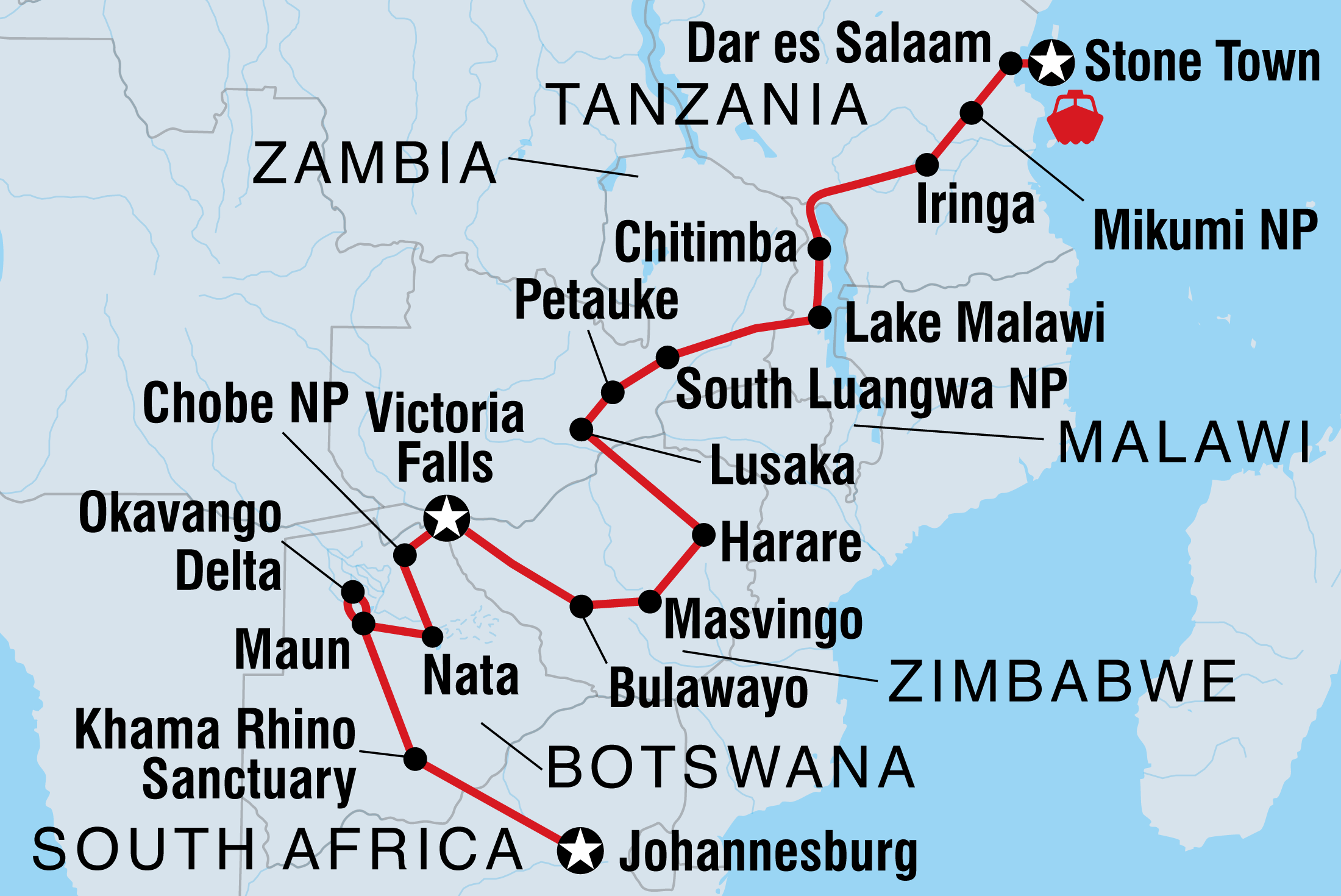 Johannesburg to Zanzibar Itinerary Map