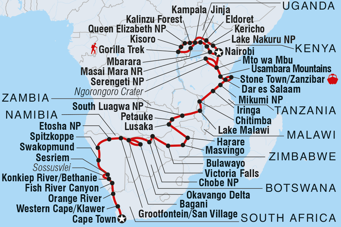 Africa Encompassed Southbound Itinerary Map